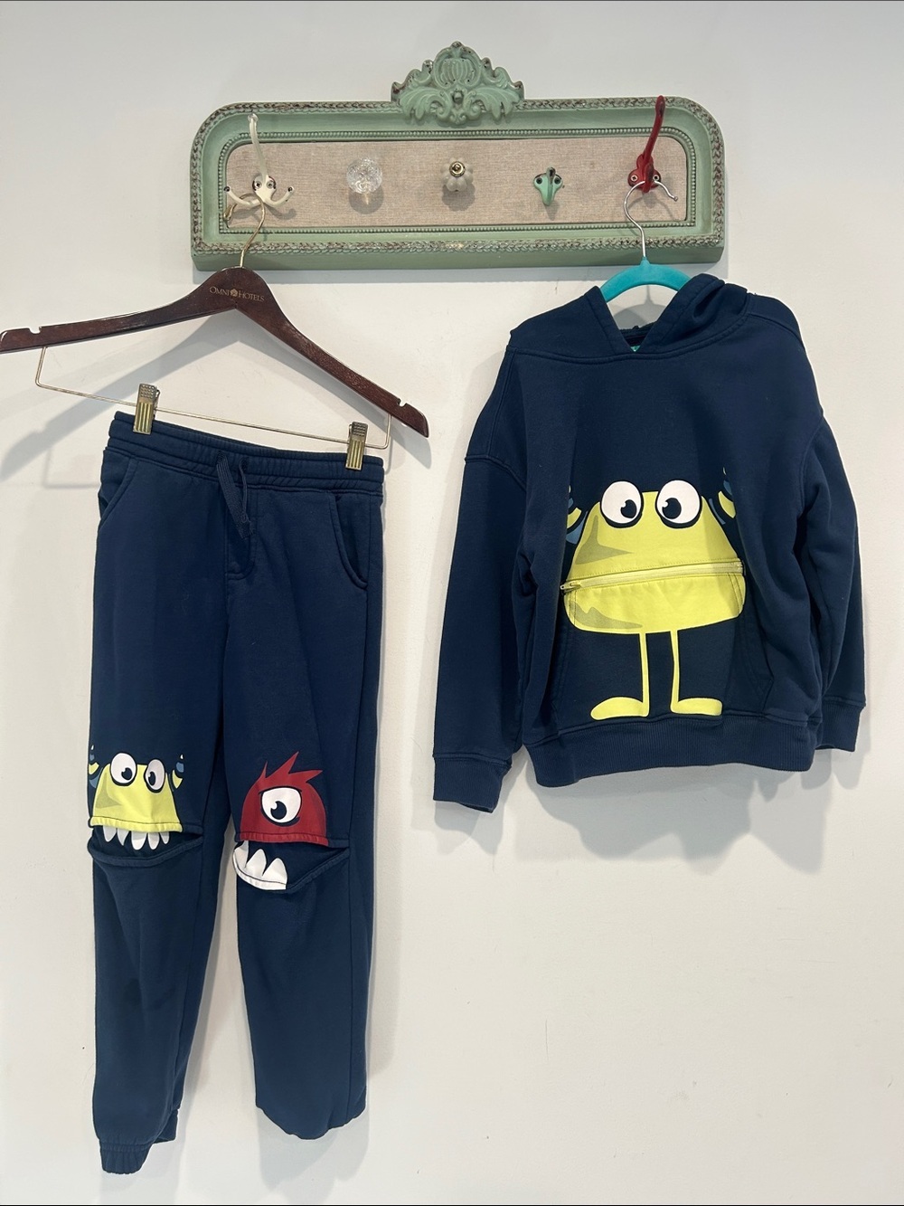 Kids Navy Monster Hoodie & Jogger Set - Fun Yellow Character